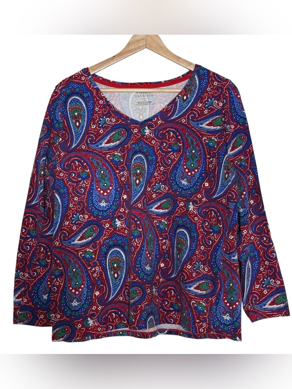 Talbots Colorful Paisley 3/4 Sleeve Tee-Shirt Size 1X Stretch Casual Blue Red